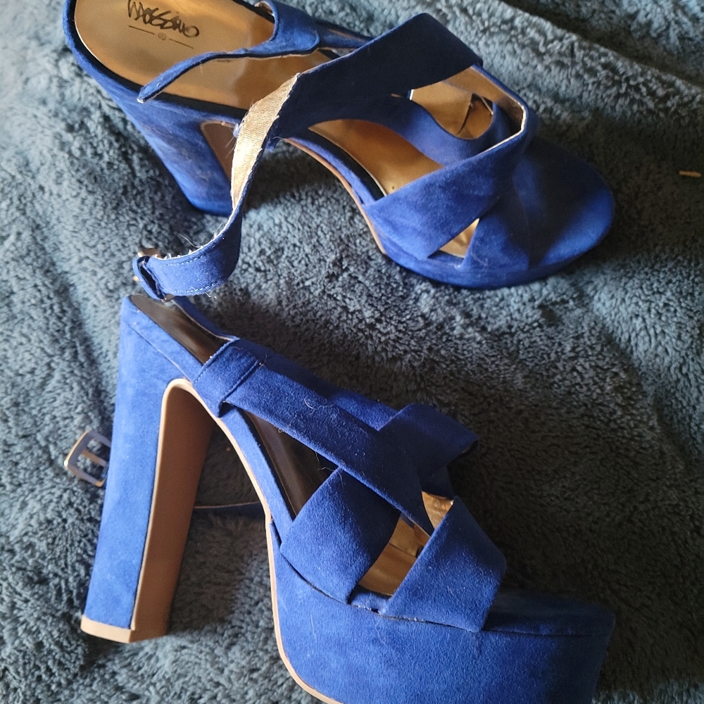Blue suede block platform heels